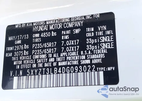 2013 Hyundai Santa Fe Sport z USA, uszkodzony, nr VIN 5XYZT3LB4DG093022